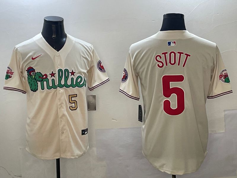 Men Philadelphia Phillies #5 Stott Cream Three generations Joint Name Game 2025 Nike MLB Jersey style 3